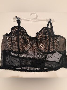 Sheer Floral Lace Longline Underwire Bra Bustier Style Lingerie Top - Black.R14B